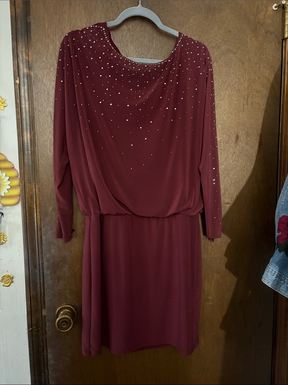White House Black Market Burgundy Long-Sleeve Rhinestone Detail Dress